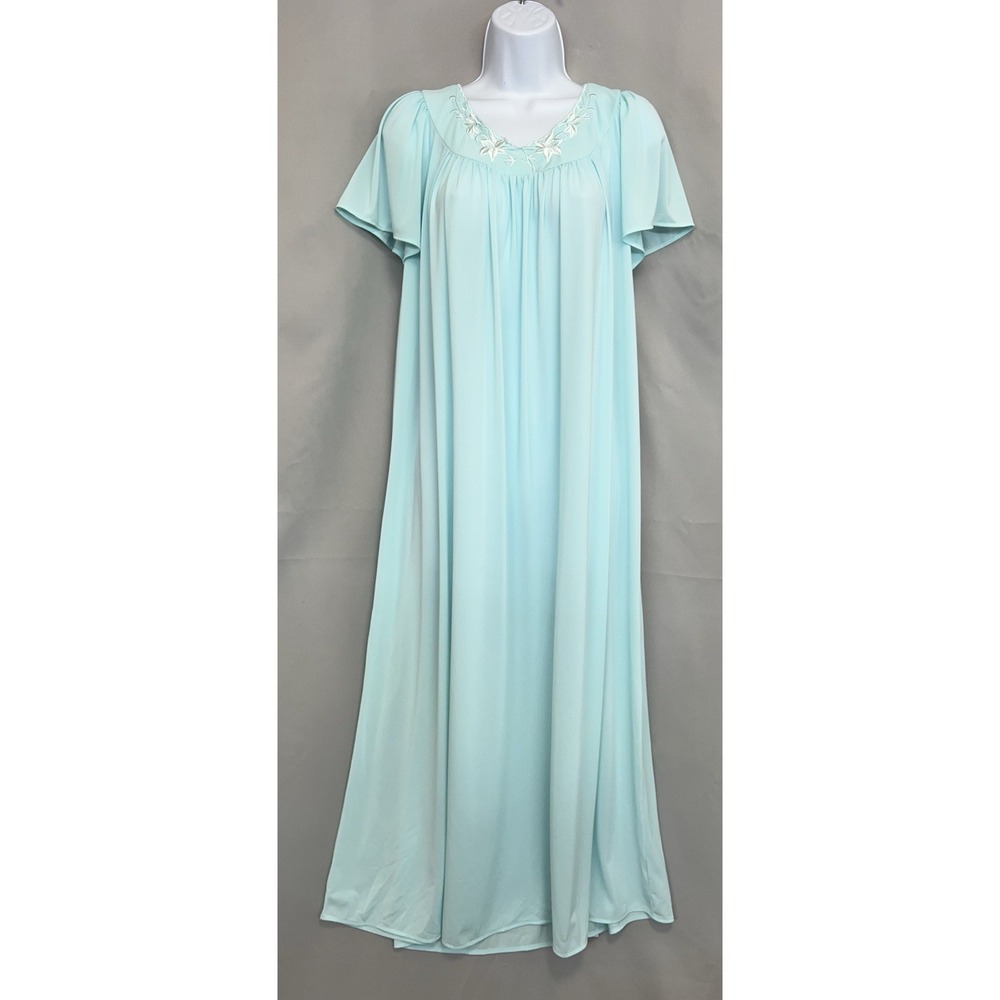 Miss Elaine Sz‎ Large Short-Sleeve Embroidered Nightgown Seafoam Women's